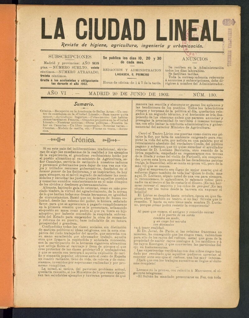 Miniatura de La Ciudad Lineal : órgano oficial de la Compañia Madrileña de Urbanización del 20 de junio de 1902