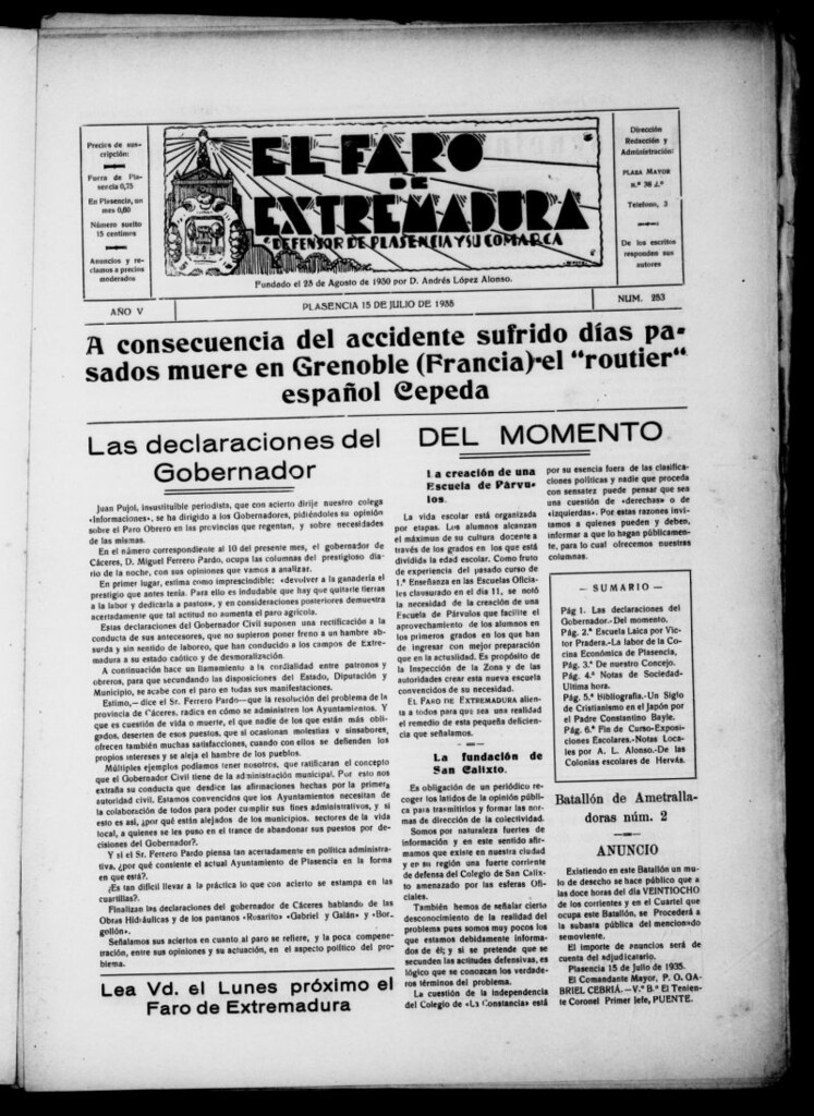 Miniatura de El Faro de Extremadura del 15 de julio de 1935, nº 253