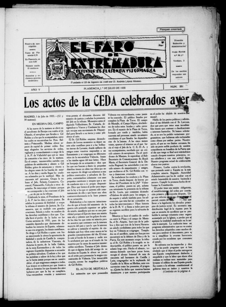 Miniatura de El Faro de Extremadura : periódico defensor de Plasencia y su comarca del 1 de julio de 1935, nº 251