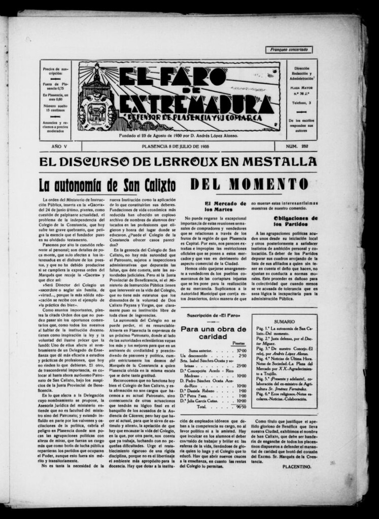 Miniatura de El Faro de Extremadura : periódico defensor de Plasencia y su comarca del 8 de julio de 1935, nº 252