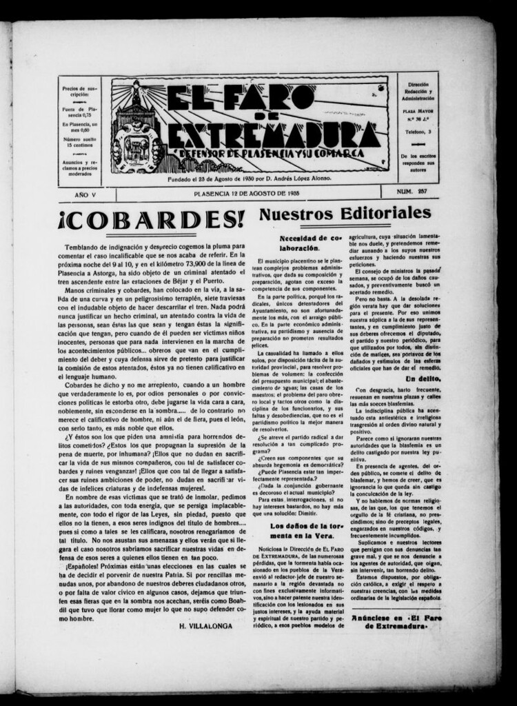Miniatura de El Faro de Extremadura del 12 de agosto de 1935, nº 257