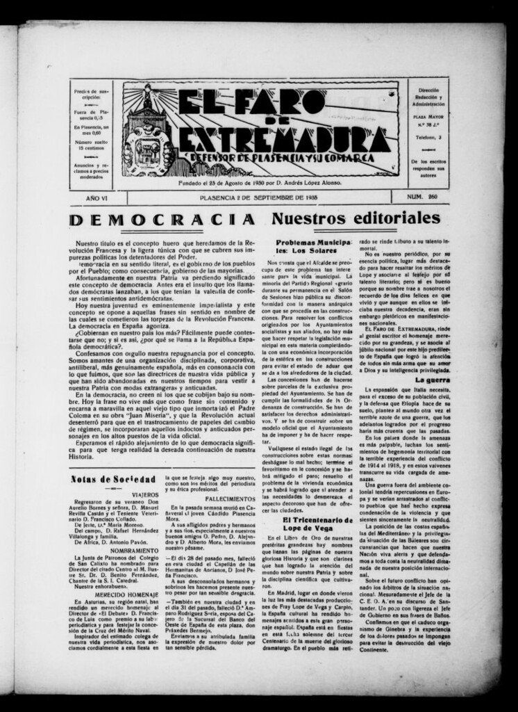 Miniatura de El Faro de Extremadura del 2 de septiembre de 1935, nº 260