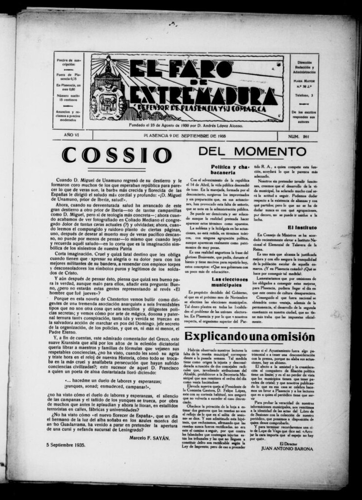 Miniatura de El Faro de Extremadura del 9 de septiembre de 1935, nº 261