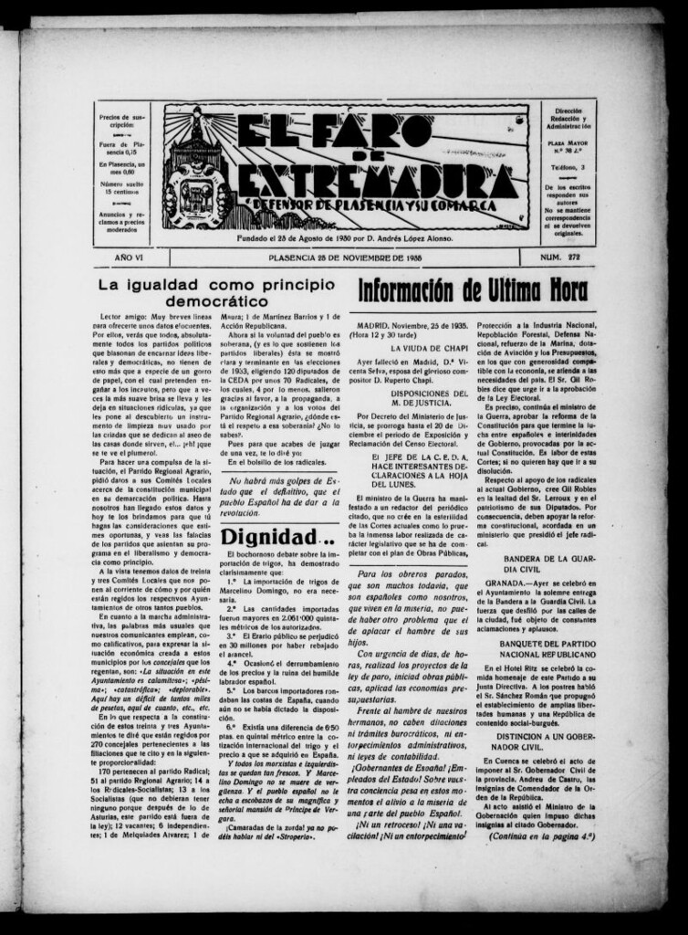 Miniatura de El Faro de Extremadura del 25 de noviembre de 1935, nº 272