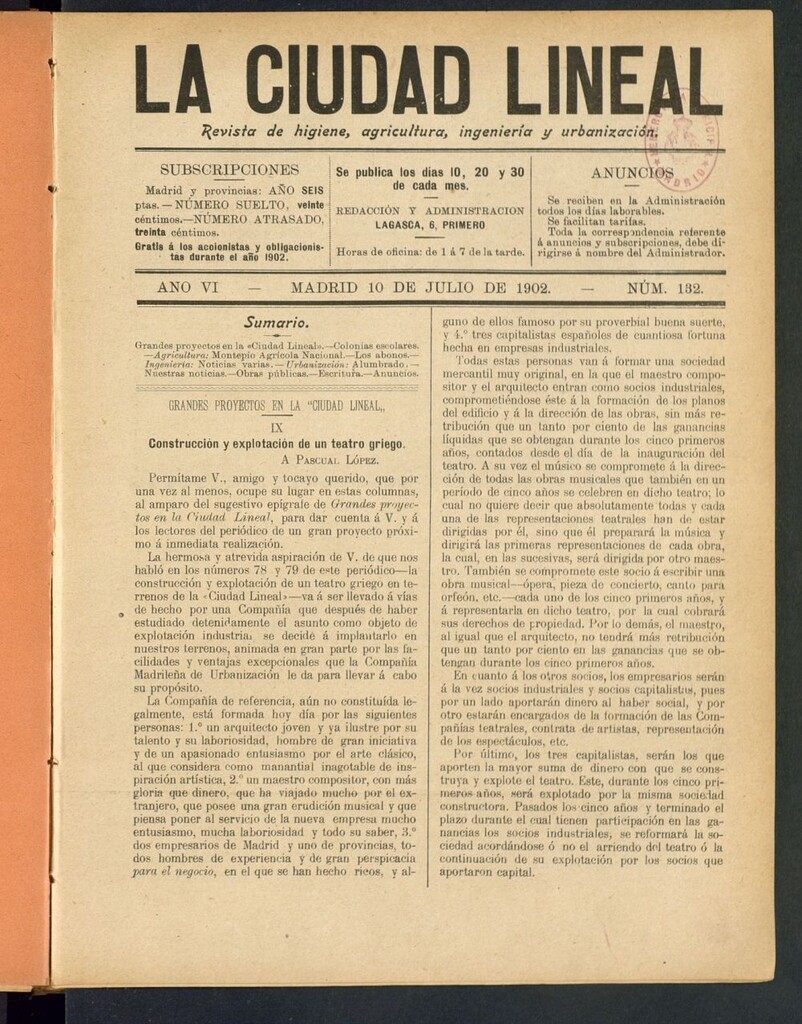 Miniatura de La Ciudad Lineal : órgano oficial de la Compañia Madrileña de Urbanización del 10 de julio de 1902
