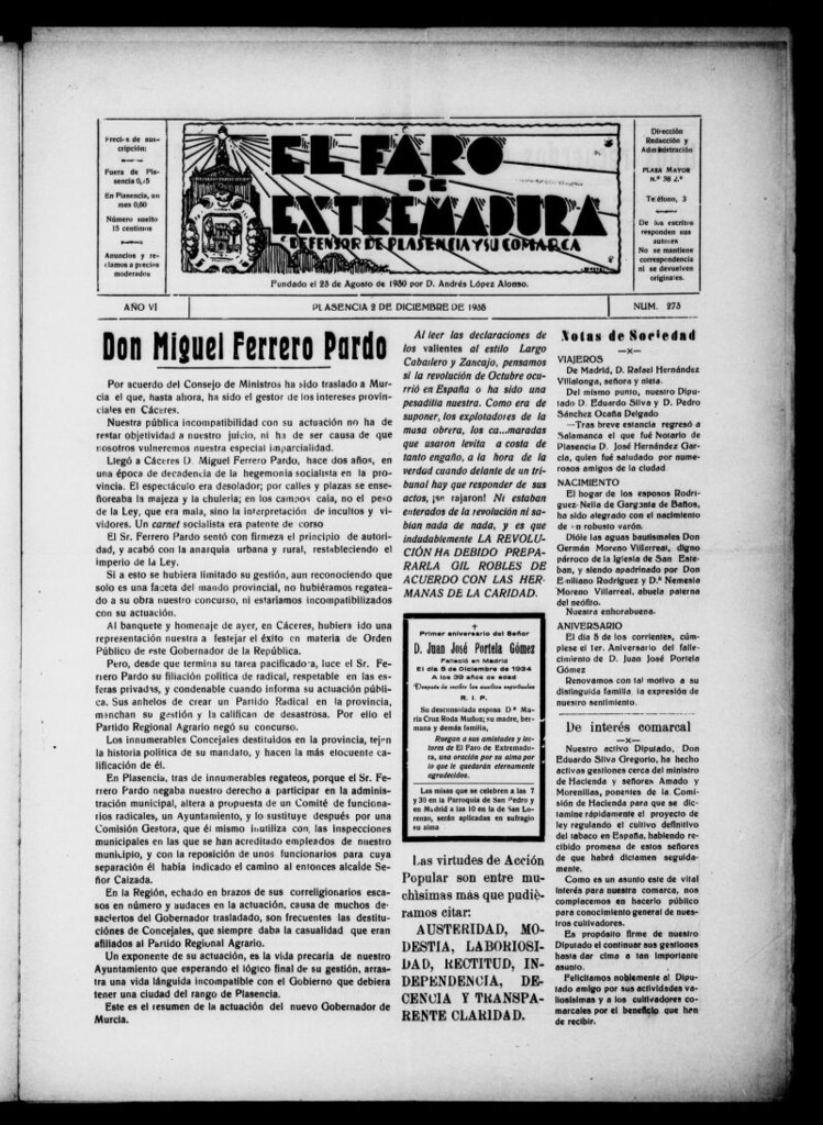 Miniatura de El Faro de Extremadura del 2 de diciembre de 1935, nº 273