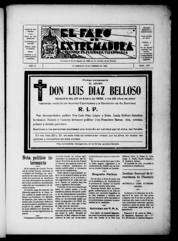 Miniatura de El Faro de Extremadura del 13 de enero de 1936, nº 279