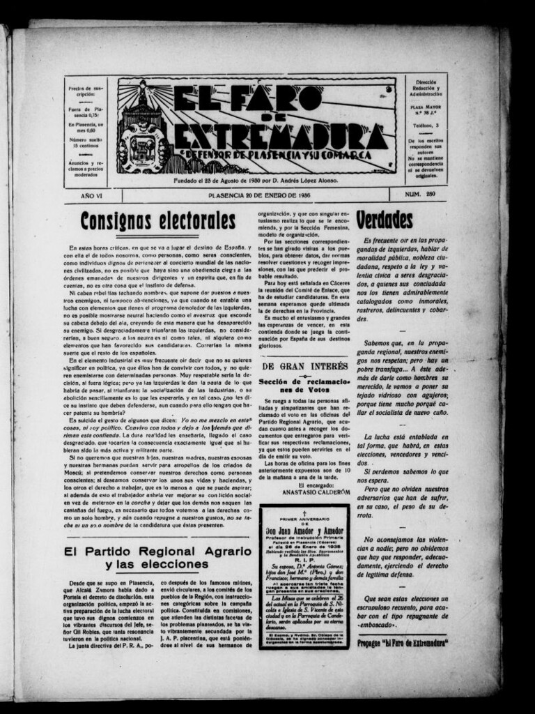 Miniatura de El Faro de Extremadura del 20 de enero de 1936, nº 280