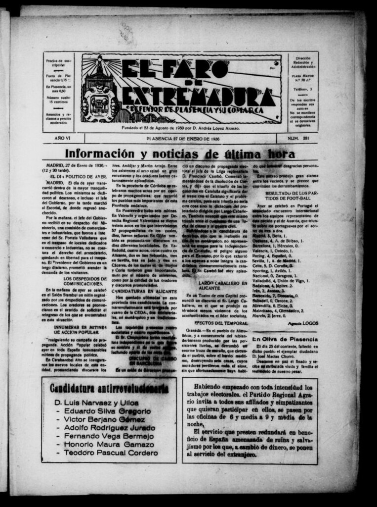 Miniatura de El Faro de Extremadura del 27 de enero de 1936, nº 281