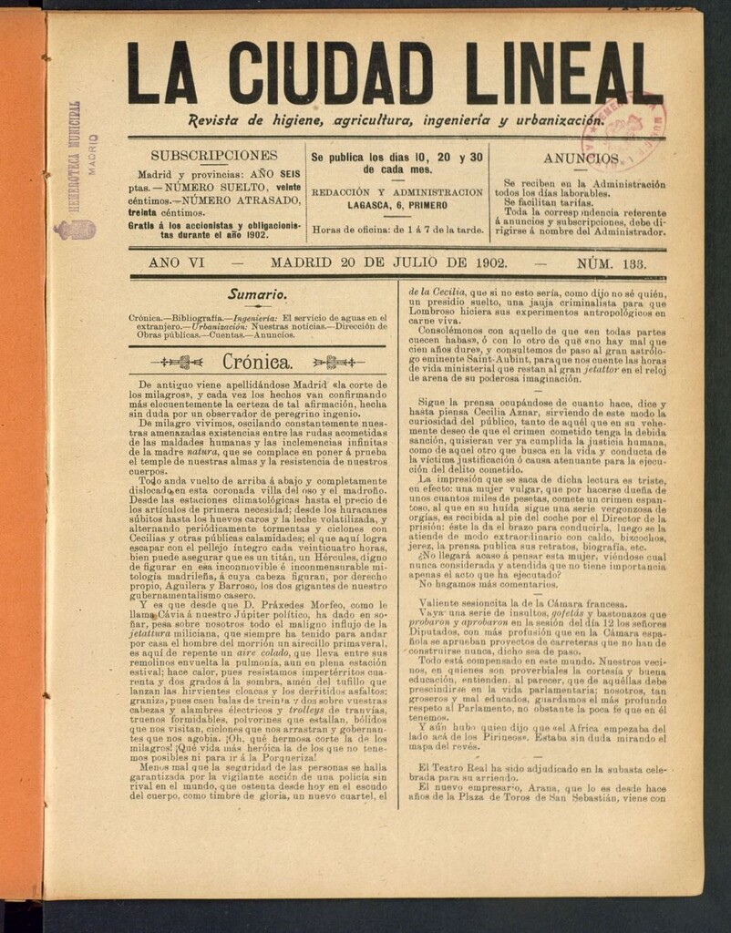 Miniatura de La Ciudad Lineal : órgano oficial de la Compañia Madrileña de Urbanización del 20 de julio de 1902