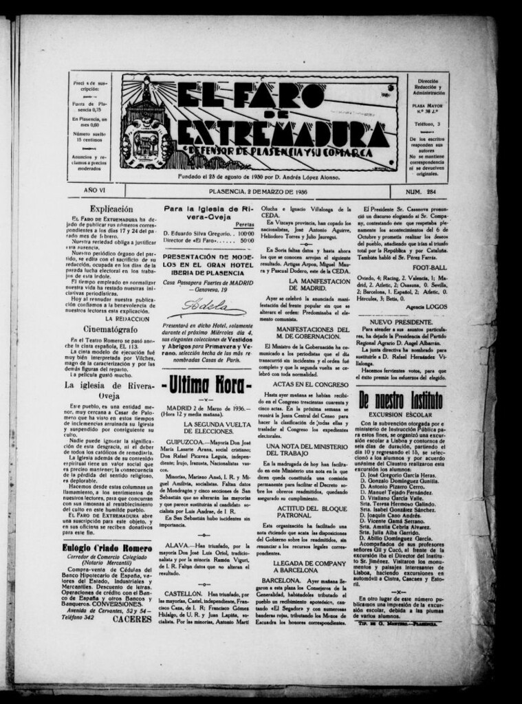 Miniatura de El Faro de Extremadura : periódico defensor de Plasencia y su comarca del 2 de marzo de 1936, nº 284