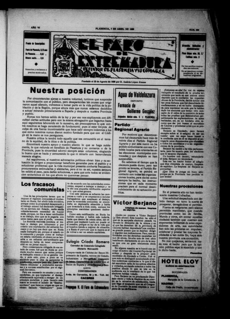 Miniatura de El Faro de Extremadura : periódico defensor de Plasencia y su comarca del 7 de abril de 1936, nº 286