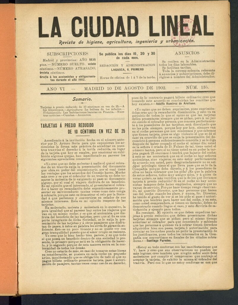 Miniatura de La Ciudad Lineal : órgano oficial de la Compañia Madrileña de Urbanización del 10 de agosto de 1902