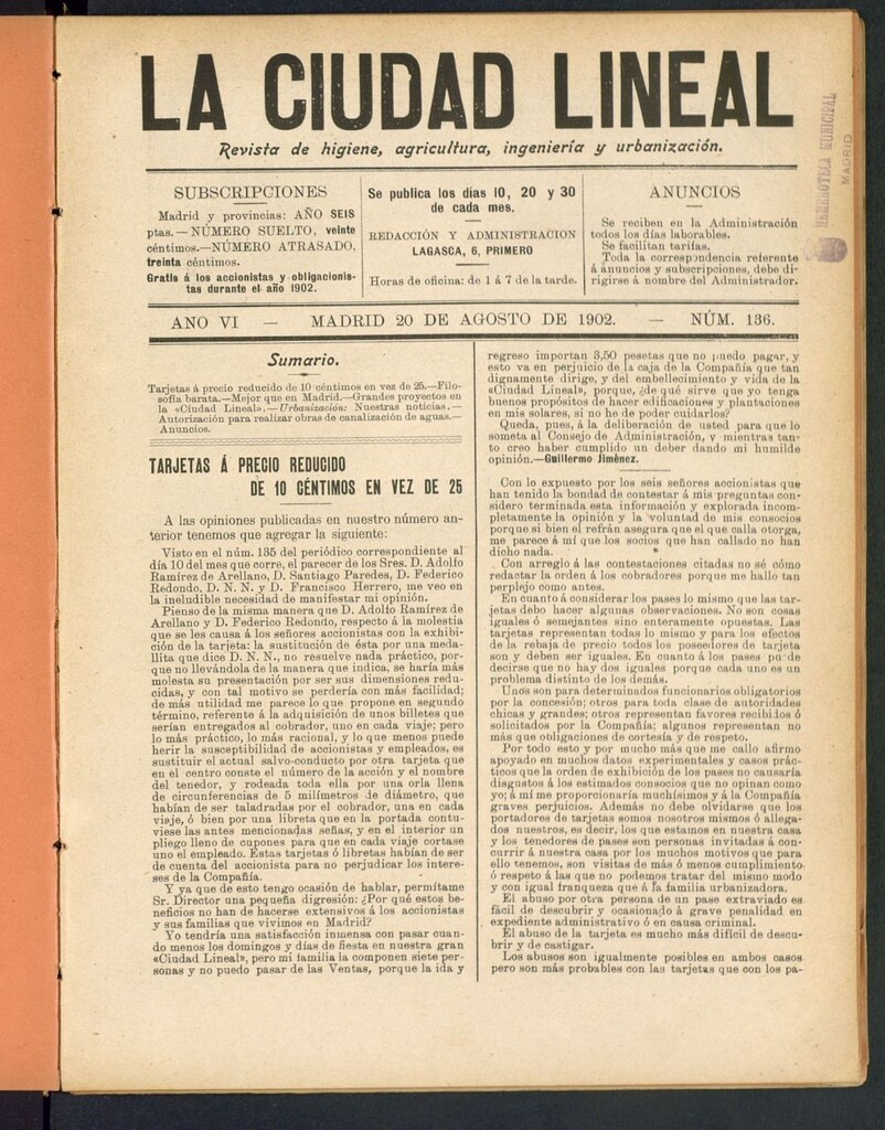 Miniatura de La Ciudad Lineal : órgano oficial de la Compañia Madrileña de Urbanización del 20 de agosto de 1902