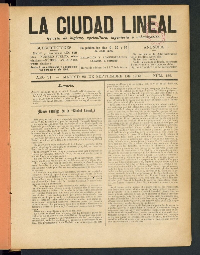 Miniatura de La Ciudad Lineal : órgano oficial de la Compañia Madrileña de Urbanización del 20 de septiembre de 1902