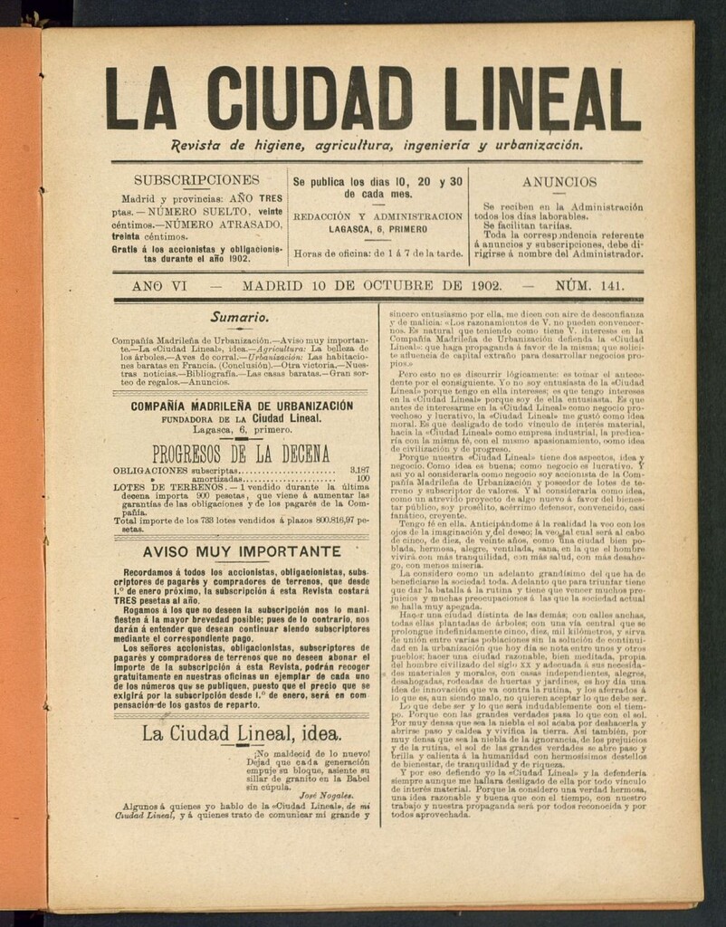 Miniatura de La Ciudad Lineal : órgano oficial de la Compañia Madrileña de Urbanización del 10 de octubre de 1902