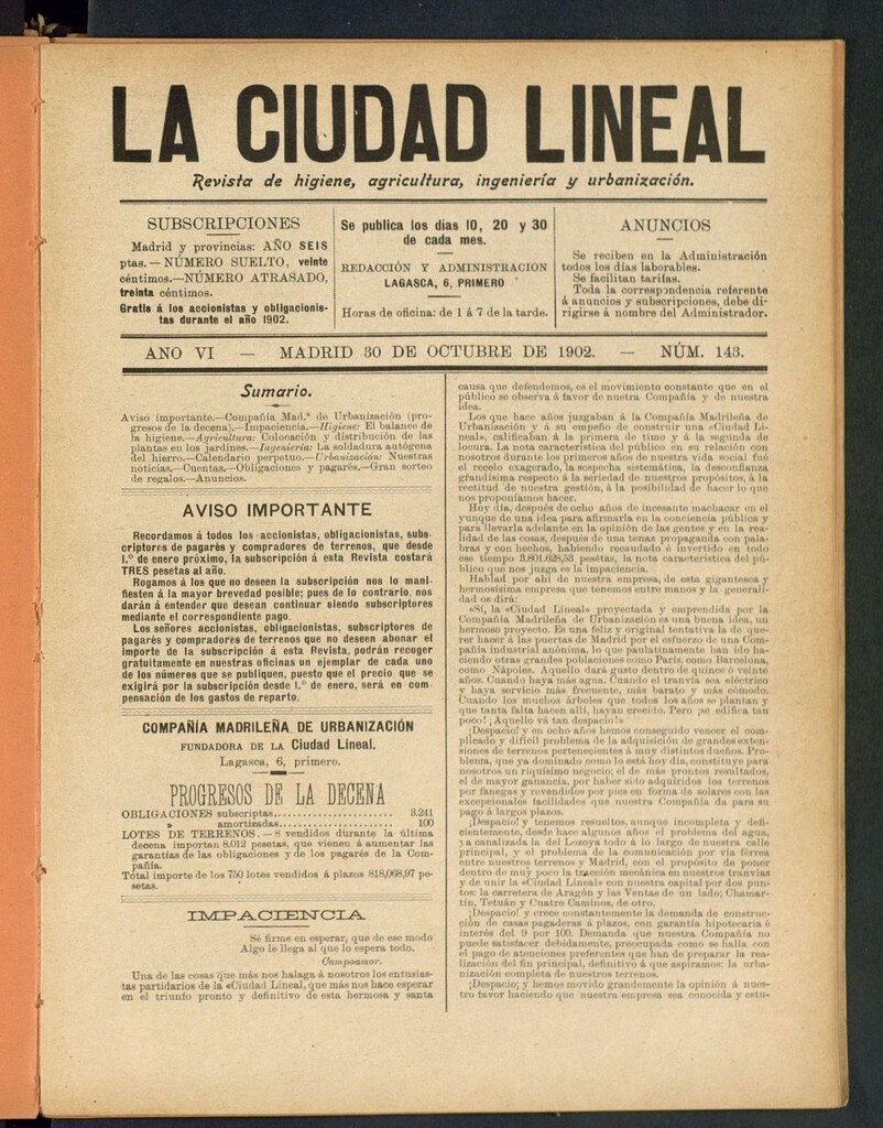 Miniatura de La Ciudad Lineal : órgano oficial de la Compañia Madrileña de Urbanización del 30 de octubre de 1902