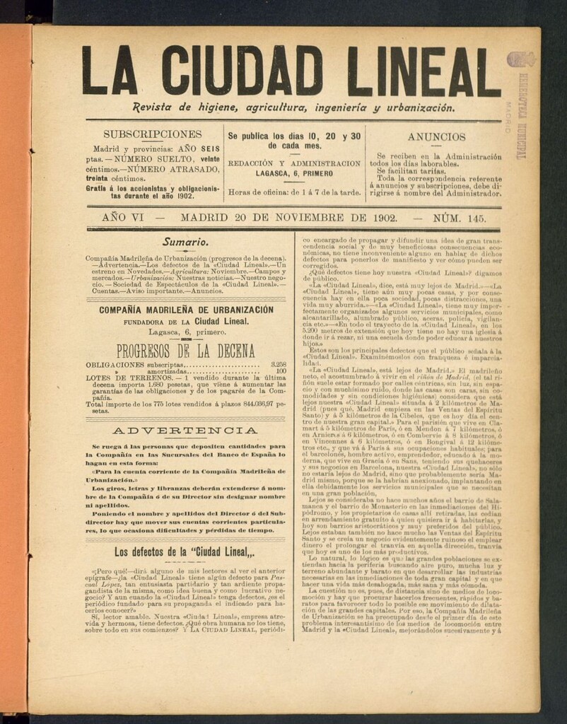 Miniatura de La Ciudad Lineal : órgano oficial de la Compañia Madrileña de Urbanización del 20 de noviembre de 1902