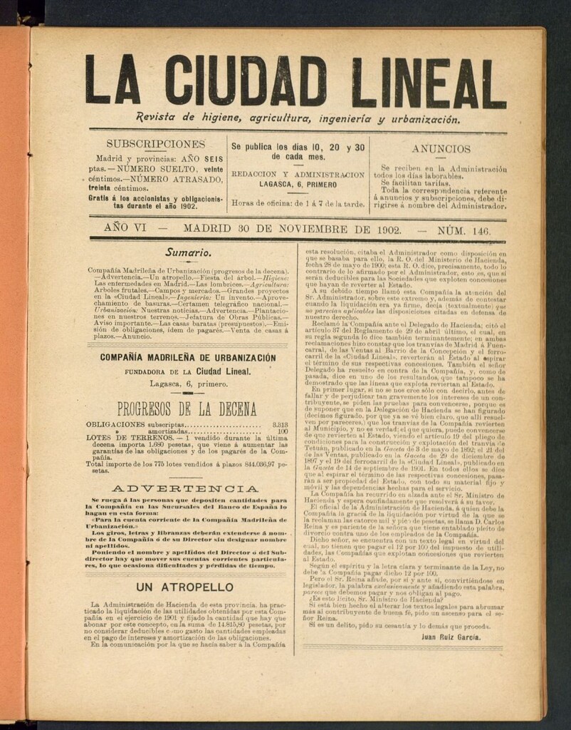 Miniatura de La Ciudad Lineal : órgano oficial de la Compañia Madrileña de Urbanización del 30 de noviembre de 1902