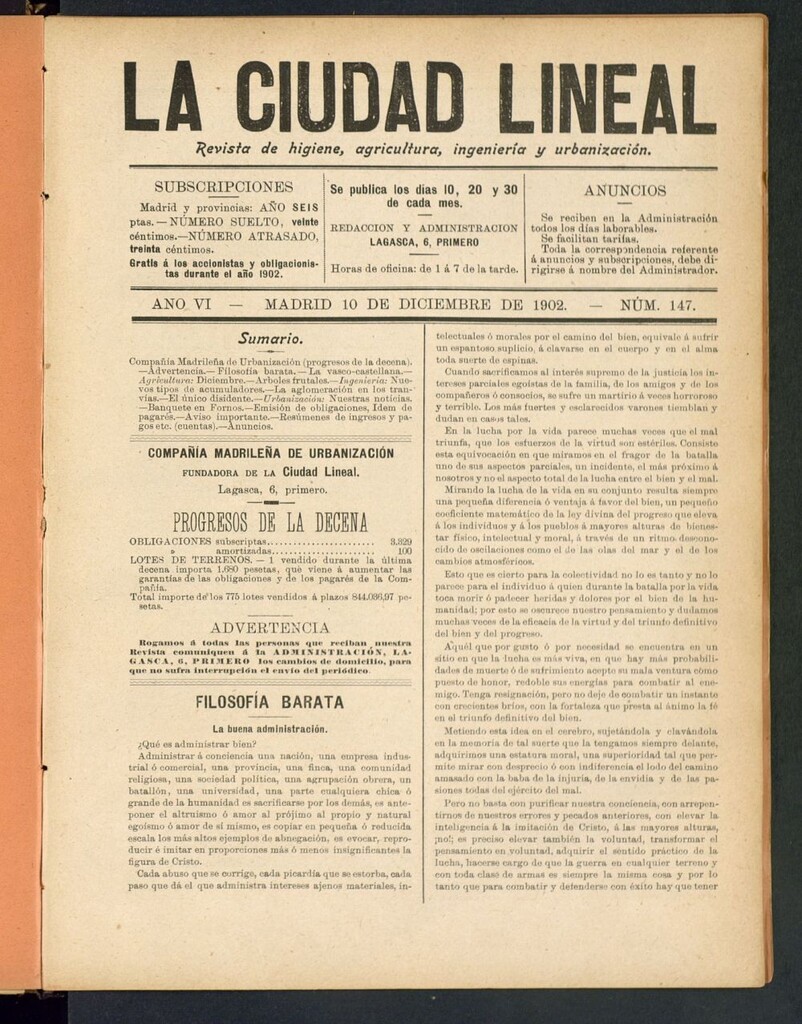 Miniatura de La Ciudad Lineal : órgano oficial de la Compañia Madrileña de Urbanización del 10 de diciembre de 1902