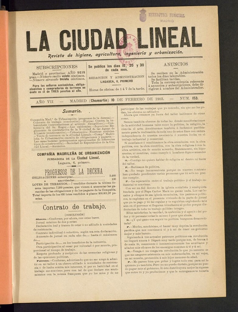 Miniatura de La Ciudad Lineal : órgano oficial de la Compañia Madrileña de Urbanización del 10 de febrero de 1903