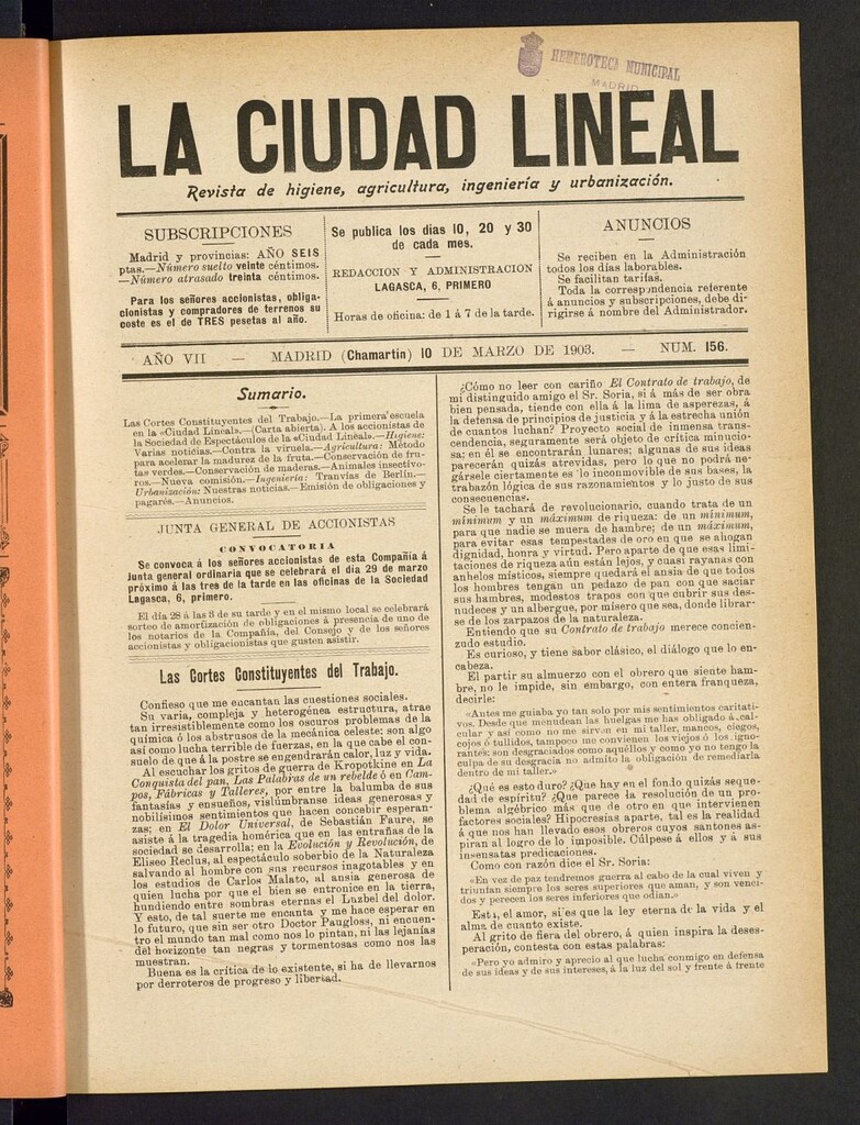 Miniatura de La Ciudad Lineal : órgano oficial de la Compañia Madrileña de Urbanización del 10 de marzo de 1903