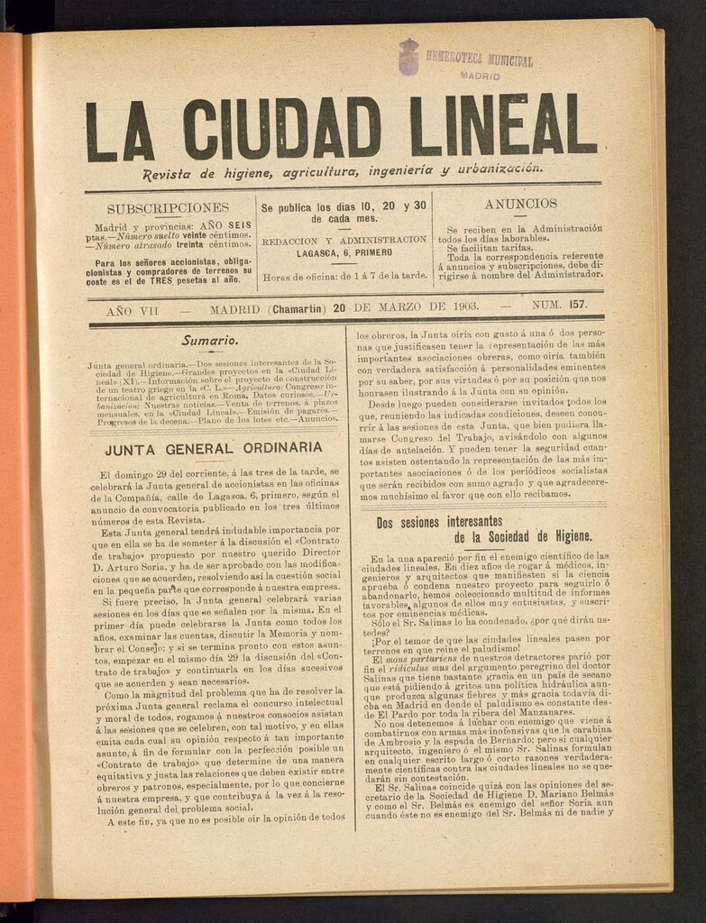 Miniatura de La Ciudad Lineal : órgano oficial de la Compañia Madrileña de Urbanización del 20 de marzo de 1903