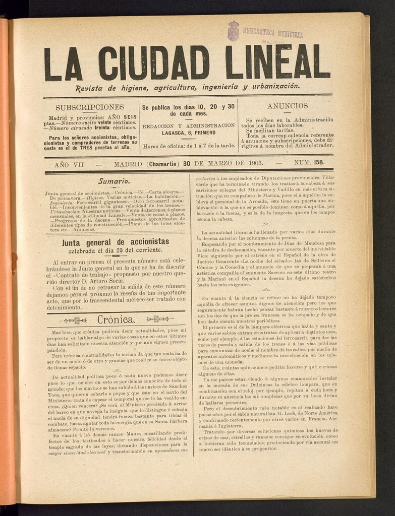 Miniatura de La Ciudad Lineal : órgano oficial de la Compañia Madrileña de Urbanización del 30 de marzo de 1903