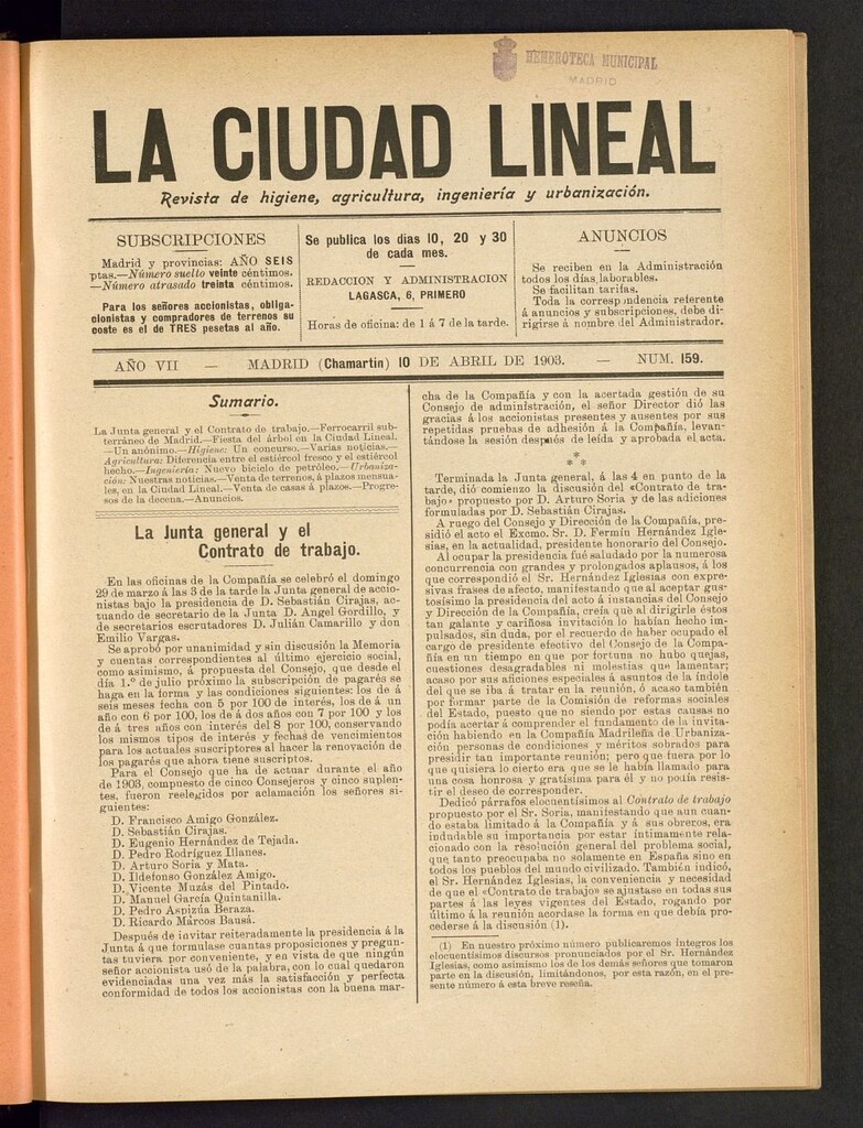 Miniatura de La Ciudad Lineal : órgano oficial de la Compañia Madrileña de Urbanización del 10 de abril de 1903