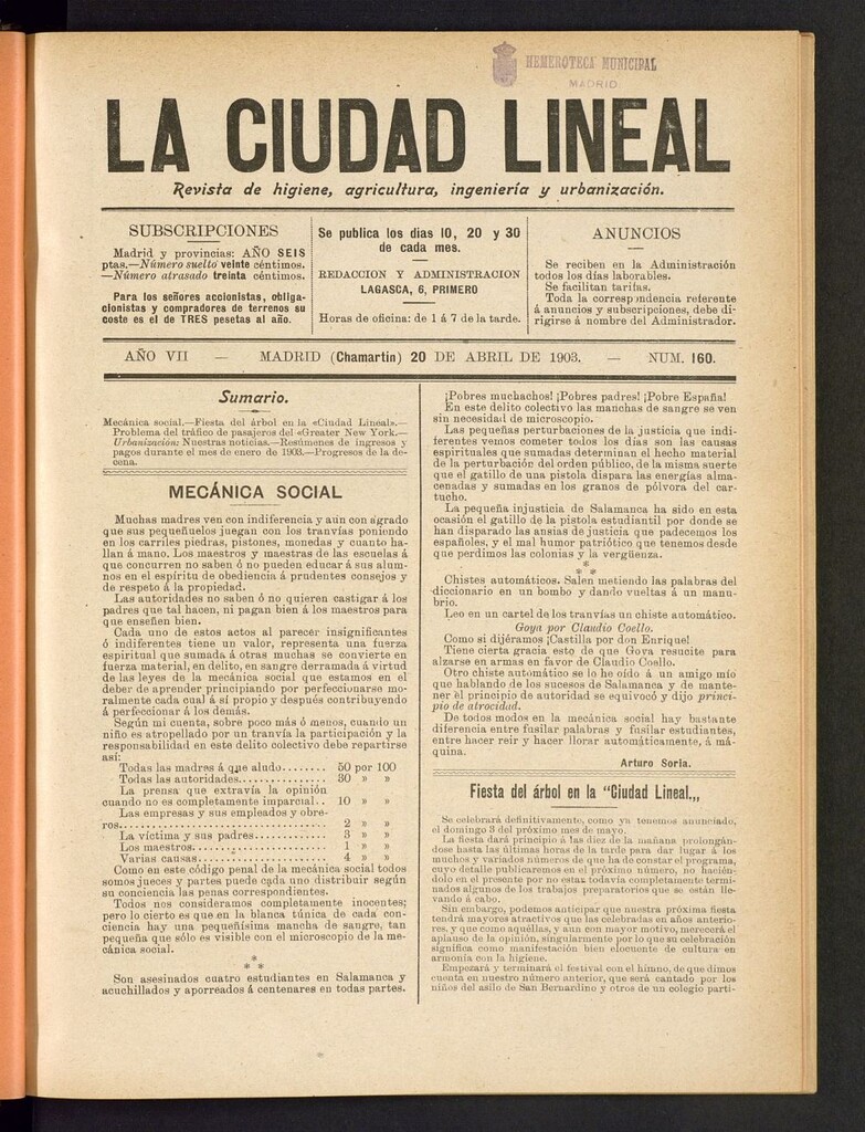 Miniatura de La Ciudad Lineal : órgano oficial de la Compañia Madrileña de Urbanización del 20 de abril de 1903