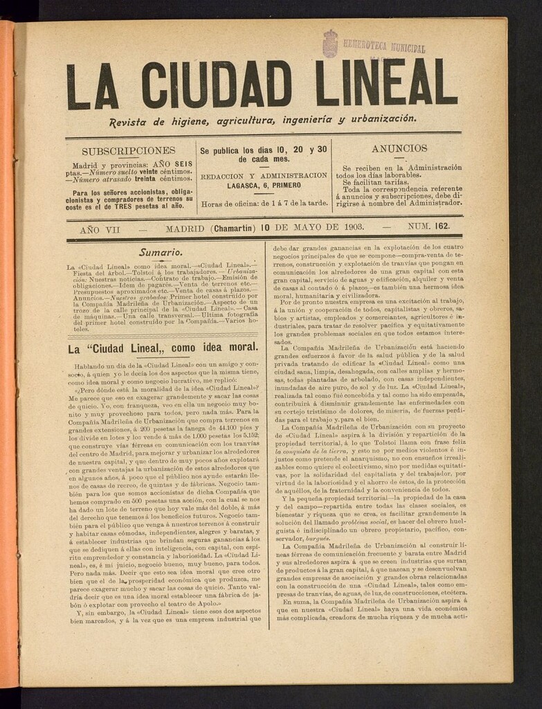 Miniatura de La Ciudad Lineal : órgano oficial de la Compañia Madrileña de Urbanización del 10 de mayo de 1903