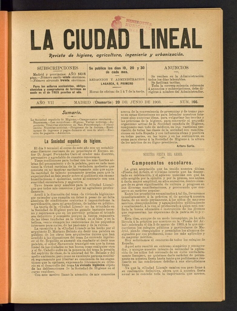 Miniatura de La Ciudad Lineal : órgano oficial de la Compañia Madrileña de Urbanización del 20 de junio de 1903