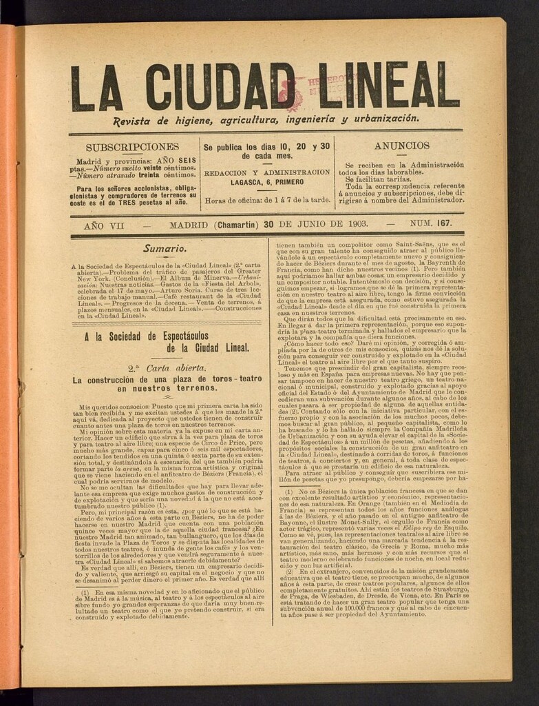 Miniatura de La Ciudad Lineal : órgano oficial de la Compañia Madrileña de Urbanización del 30 de junio de 1903
