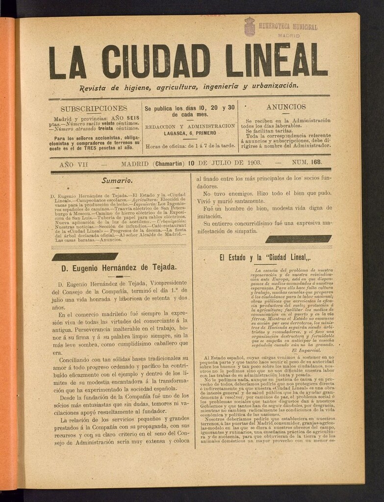 Miniatura de La Ciudad Lineal : órgano oficial de la Compañia Madrileña de Urbanización del 10 de julio de 1903