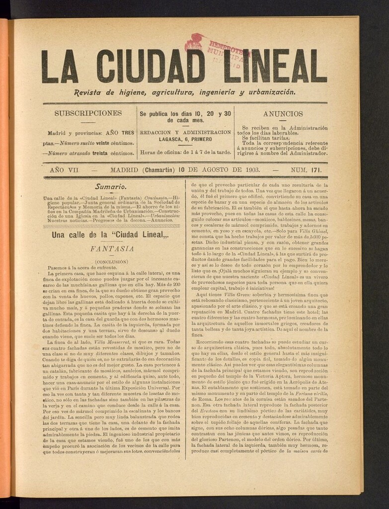 Miniatura de La Ciudad Lineal : órgano oficial de la Compañia Madrileña de Urbanización del 10 de agosto de 1903