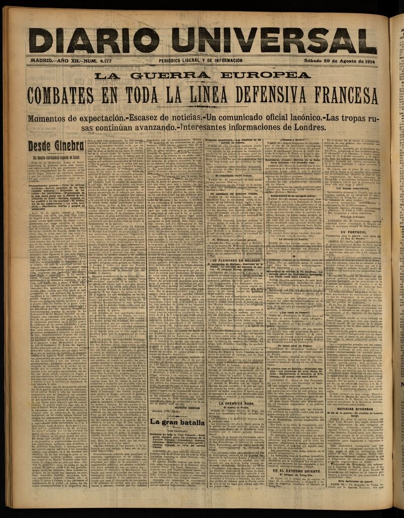 Miniatura de Diario Universal del 29 de agosto de 1914