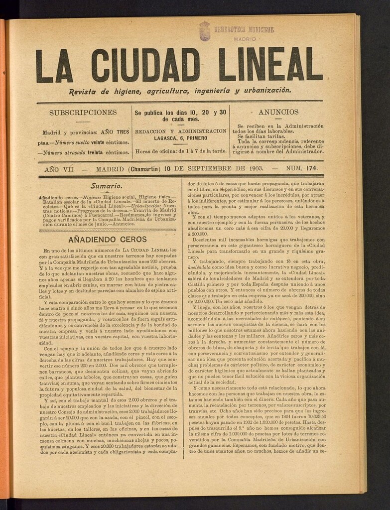 Miniatura de La Ciudad Lineal : órgano oficial de la Compañia Madrileña de Urbanización del 10 de septiembre de 1903
