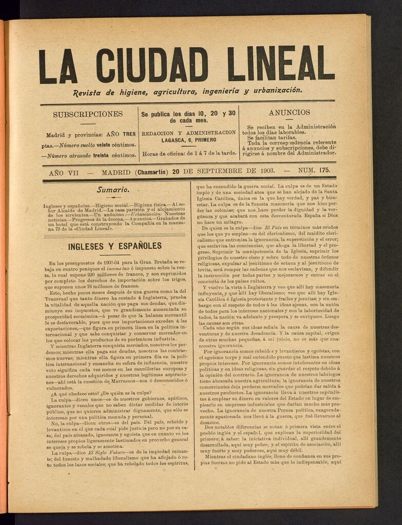 Miniatura de La Ciudad Lineal : órgano oficial de la Compañia Madrileña de Urbanización del 20 de septiembre de 1903