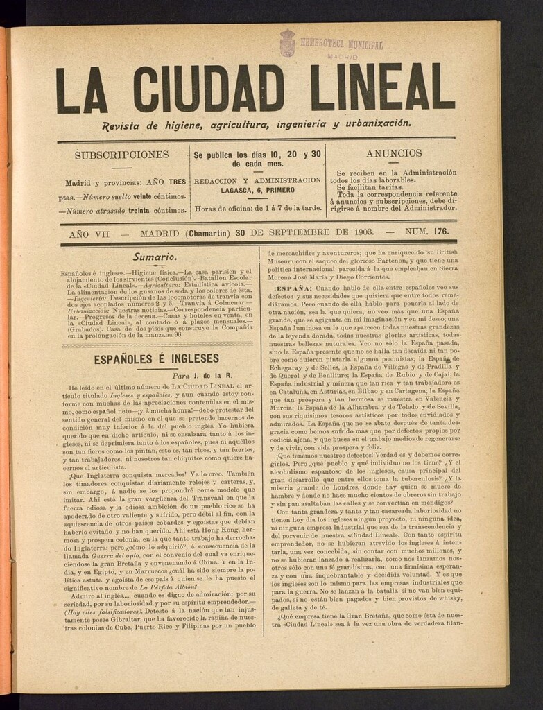 Miniatura de La Ciudad Lineal : órgano oficial de la Compañia Madrileña de Urbanización del 30 de septiembre de 1903