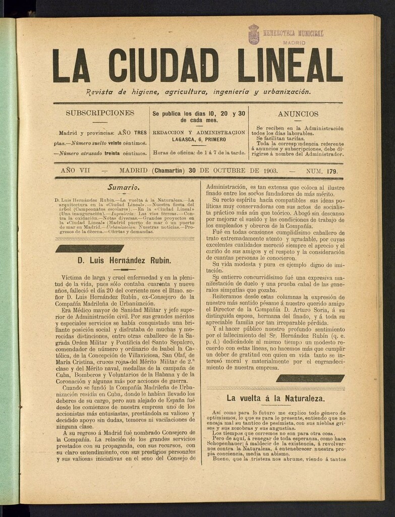 Miniatura de La Ciudad Lineal : órgano oficial de la Compañia Madrileña de Urbanización del 30 de octubre de 1903