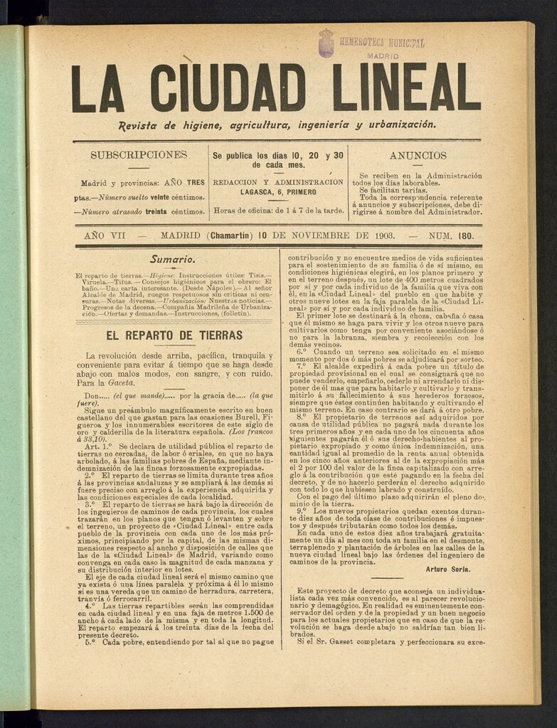 Miniatura de La Ciudad Lineal : órgano oficial de la Compañia Madrileña de Urbanización del 10 de noviembre de 1903