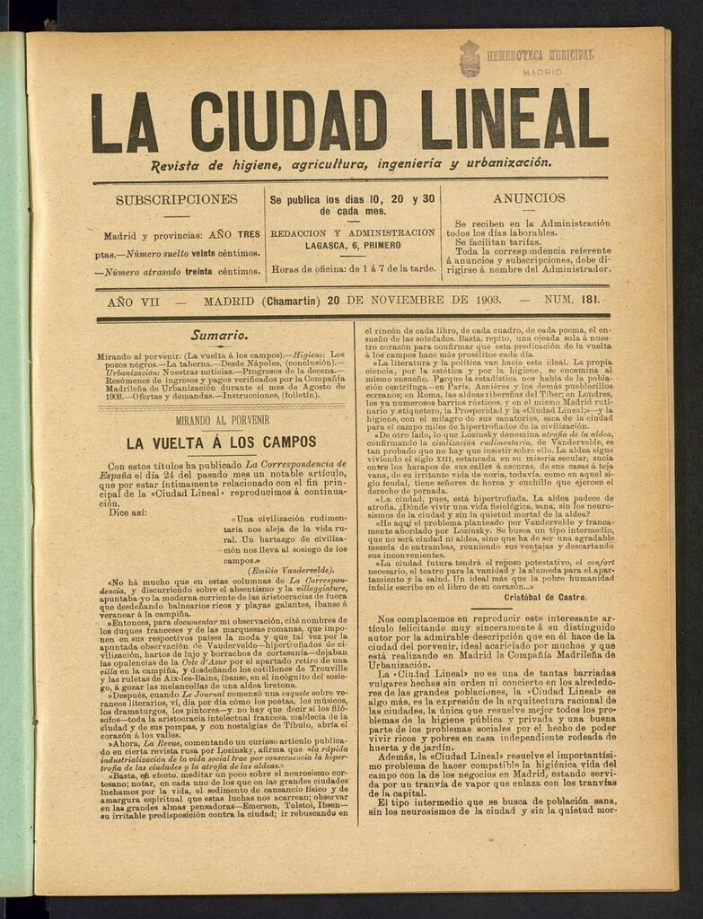 Miniatura de La Ciudad Lineal : órgano oficial de la Compañia Madrileña de Urbanización del 20 de noviembre de 1903
