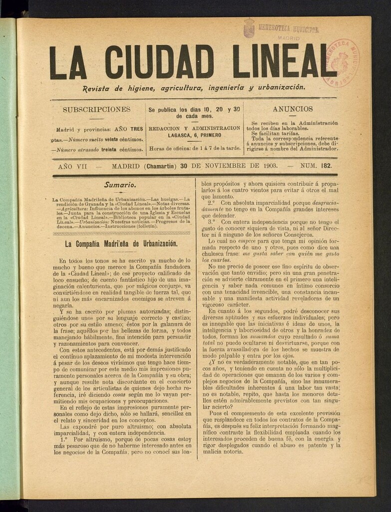 Miniatura de La Ciudad Lineal : órgano oficial de la Compañia Madrileña de Urbanización del 30 de noviembre de 1903