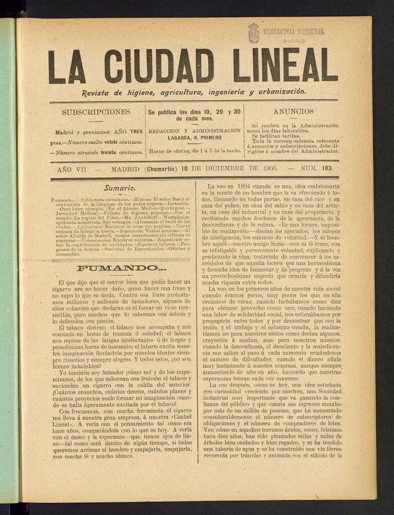 Miniatura de La Ciudad Lineal : órgano oficial de la Compañia Madrileña de Urbanización del 10 de diciembre de 1903