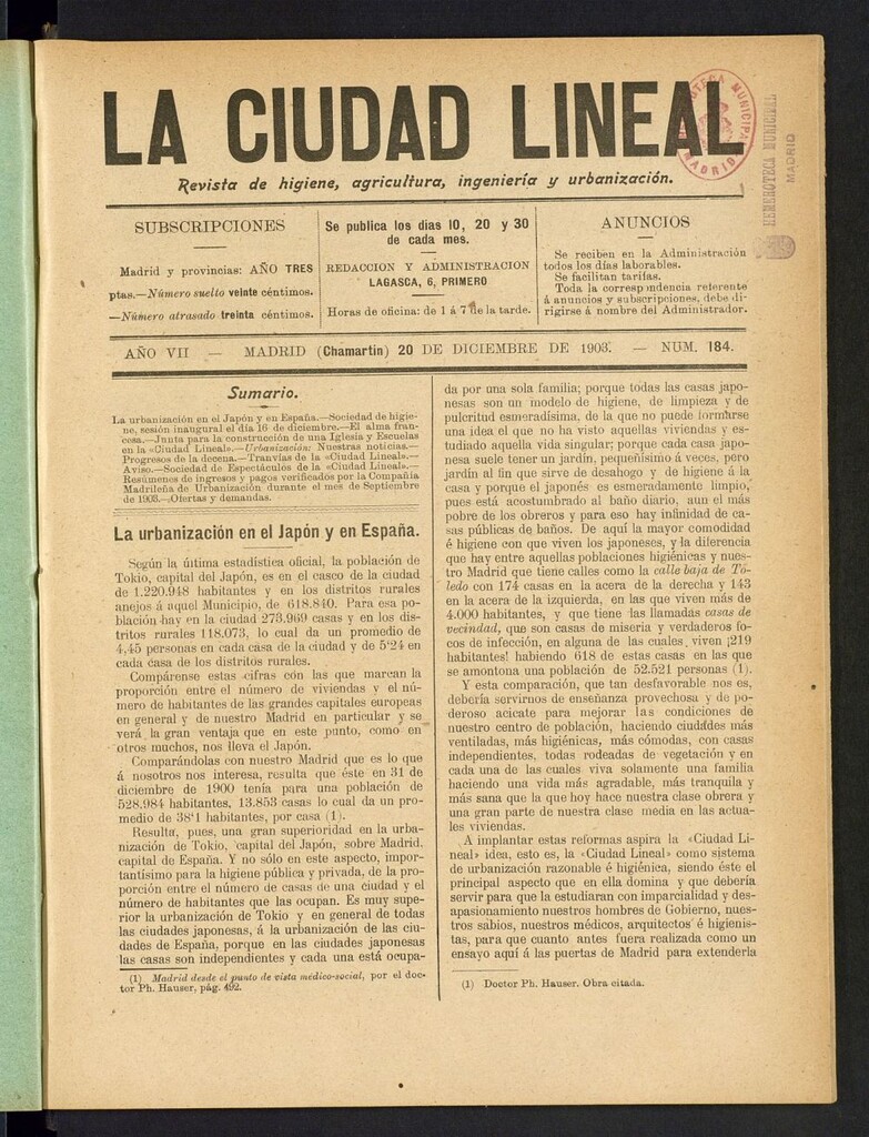 Miniatura de La Ciudad Lineal : órgano oficial de la Compañia Madrileña de Urbanización del 20 de diciembre de 1903