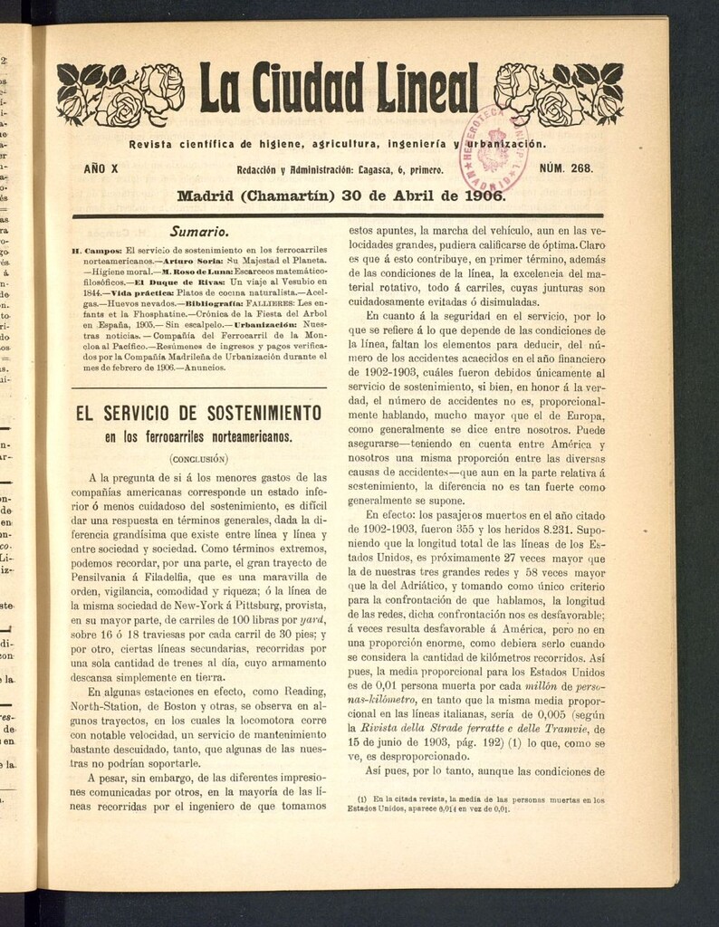 Miniatura de La Ciudad Lineal : órgano oficial de la Compañía Madrileña de Urbanización del 30 de abril de 1906
