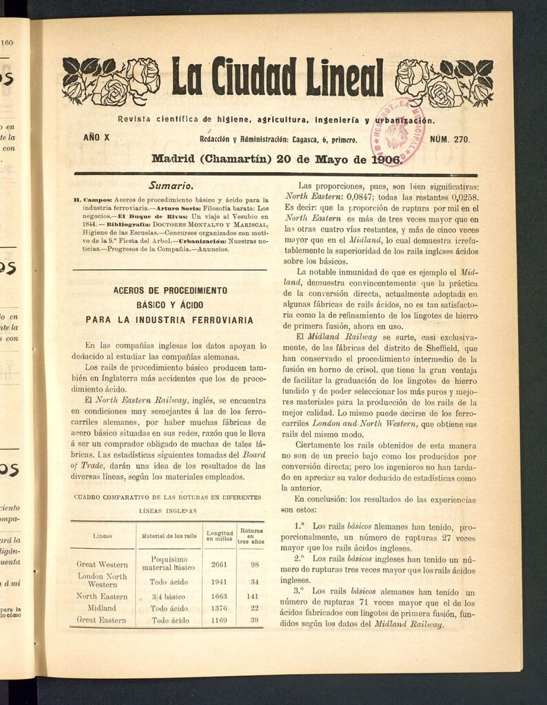 Miniatura de La Ciudad Lineal : órgano oficial de la Compañía Madrileña de Urbanización del 20 de mayo de 1906
