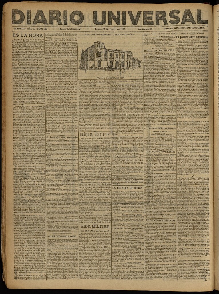 Miniatura de Diario Universal del 12 de enero de 1903, edición de noche