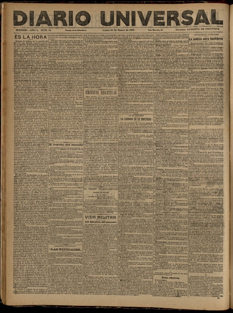 Miniatura de Diario Universal del 12 de enero de 1903, edición de tarde