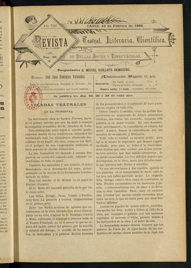 Miniatura de Revista Teatral, Literaria, Científica, de Bellas Artes y Espectáculos. Nº 260